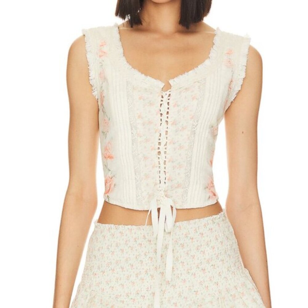 LoveShackFancy Corvelle Lace-Up Floral Bustier Top
